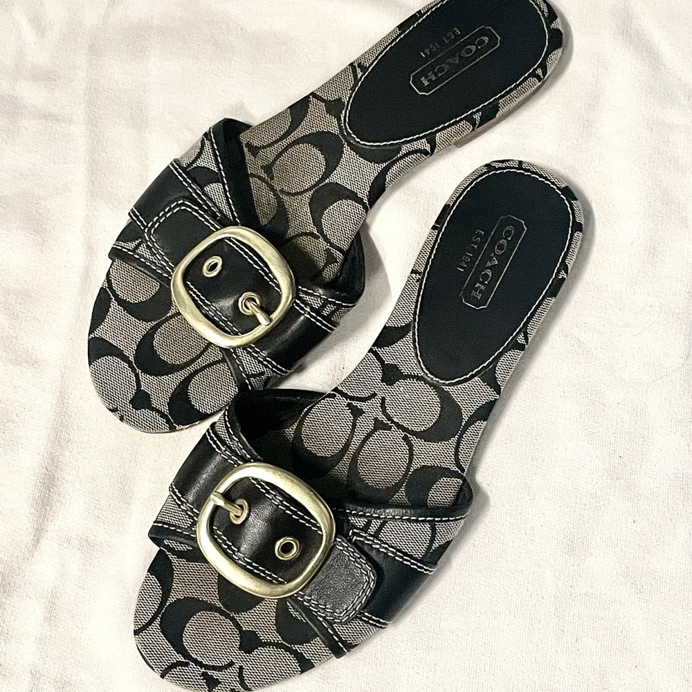 Coach Canvas Logo Slide Sandals with Large Brass Buckle